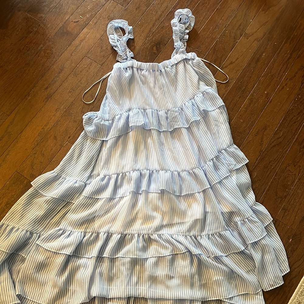 Aura blue and white striped tiered midi dress, size S